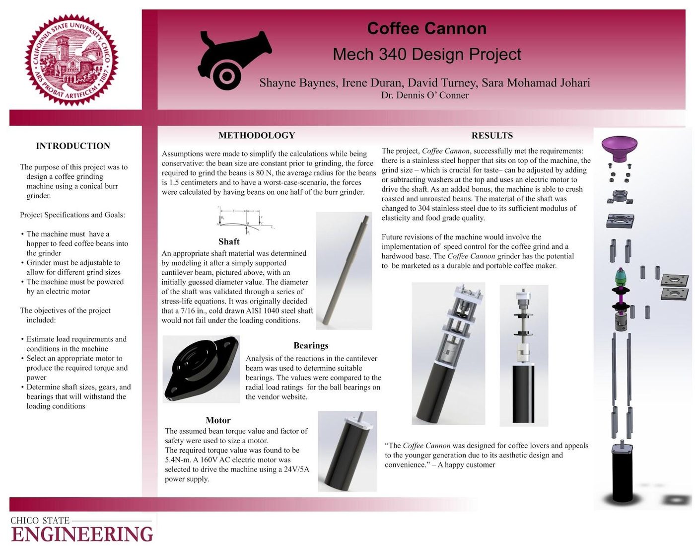 Coffee Cannon mechanical design project poster showing shaft, bearing, and motor analysis