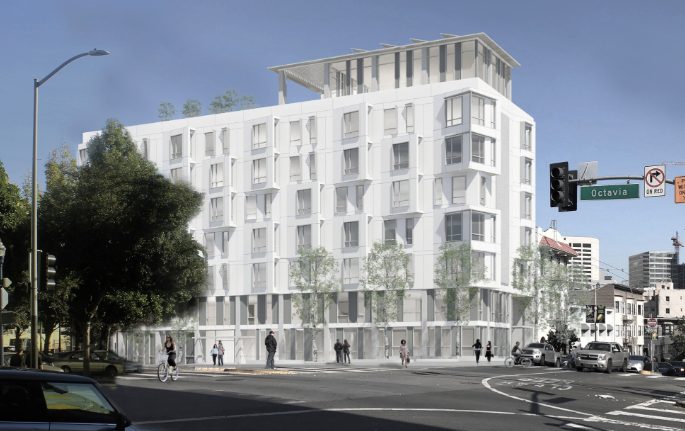 78 Haight hotel building rendering on a San Francisco street corner